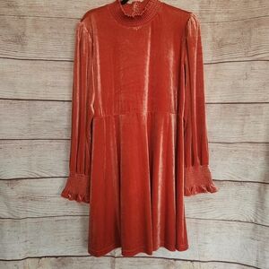 Easel Velvet Long Sleeve Smocked Dress Apricot - 1X
